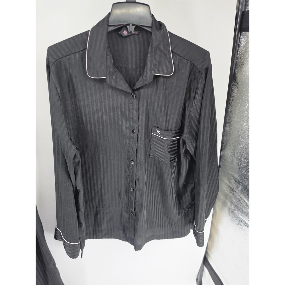Victorias Secret Pajama Set Black Satin Tonal Stripe Button Top Pants Large - Picture 4 of 9